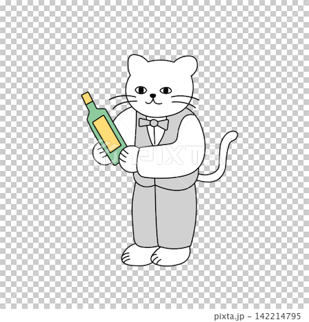 ワインボトルを持つソムリエの白猫の擬人化 142214795