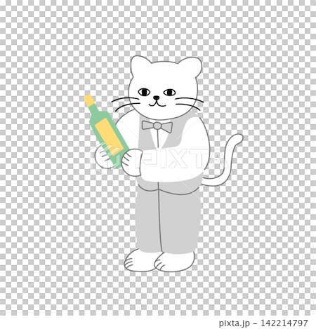 A white cat acting as a sommelier, holding a wine bottle. A white cat acting as a sommelier, holding a wine bottle. 142214797