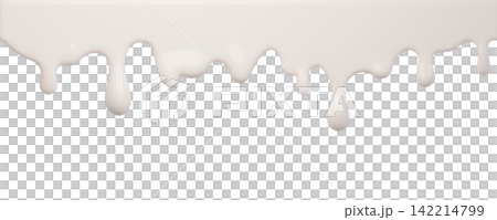White ice cream and milk melt with glossy drips and smooth texture for dessert designs or summer graphics. Liquid flows down in curved streams for advertisements isolated on background. 3d render 142214799