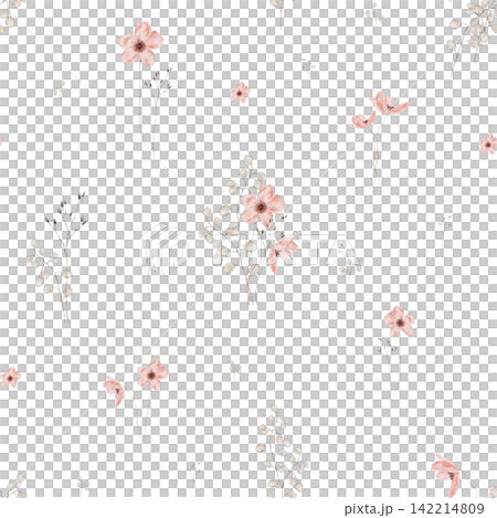 Hand-painted watercolor seamless pattern tile with dusty pink anemone flowers, silver dollar eucalyptus seed pods and thin wire-like stems on white background, repeating continuous design. Hand-painted watercolor seamless pattern tile with dusty pink anemone flowers, silver dollar eucalyptus seed pods and thin wire-like stems on white background, repeating continuous design. 142214809
