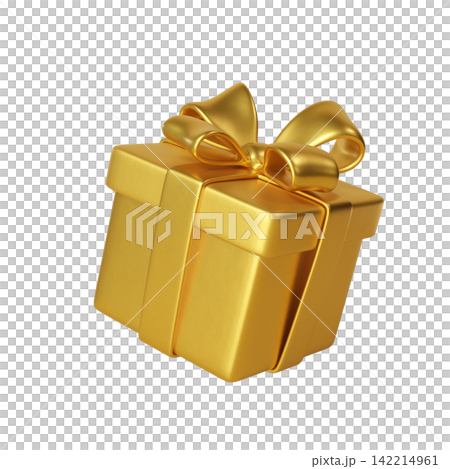 3D Gold Gift Box with Bow and ribbon. Floating Present for Holiday, Birthday, Weddings, Valentine's day or Christmas. 3D render isolated on transparent background 3D Gold Gift Box with Bow and ribbon. Floating Present for Holiday, Birthday, Weddings, Valentine's day or Christmas. 3D render isolated on transparent background 142214961