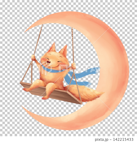 Hand-drawn cute fox blue scarf on crescent moon swing illustration Hand-drawn cute fox blue scarf on crescent moon swing illustration 142215433