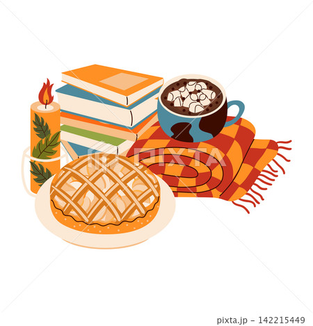 Cozy autumn composition featuring a lattice-topped pie, a hot chocolate mug with marshmallows, a stack of books, a burning candle, and a rolled plaid blanket isolated on white. 142215449