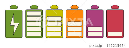 Battery charge level indicator icons set featuring six vertical batteries showing full to empty energy status with a charging lightning bolt symbol in flat vector style isolated on white. Battery charge level indicator icons set featuring six vertical batteries showing full to empty energy status with a charging lightning bolt symbol in flat vector style isolated on white. 142215454
