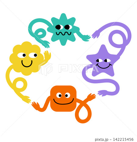 Teamwork concept cartoon illustration featuring friendly colorful geometric characters holding hands in a circle to show unity, partnership, and collaboration isolated on white. 142215456