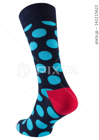 Dark blue polka dot sock on ghost mannequin isolated on white background. Mens casual patterned sock back view Dark blue polka dot sock on ghost mannequin isolated on white background. Mens casual patterned sock back view 142215622