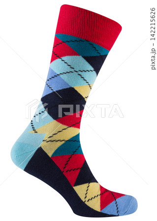 Argyle patterned sock on ghost mannequin isolated on white background. Colorful diamond print mens sock side view Argyle patterned sock on ghost mannequin isolated on white background. Colorful diamond print mens sock side view 142215626