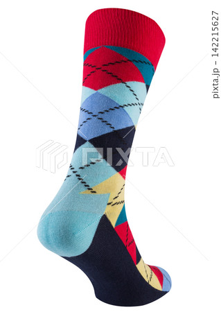 Argyle patterned sock on ghost mannequin isolated on white background. Colorful diamond print mens sock back view Argyle patterned sock on ghost mannequin isolated on white background. Colorful diamond print mens sock back view 142215627