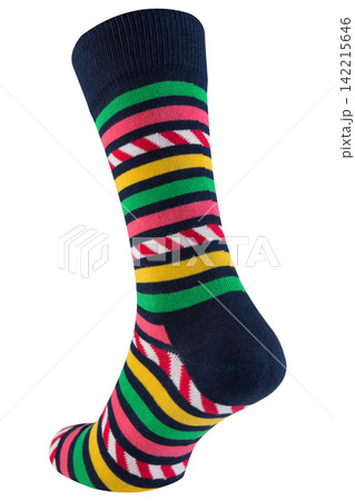 Colorful striped sock on ghost mannequin isolated on white background. Dark blue mens patterned cotton sock back view Colorful striped sock on ghost mannequin isolated on white background. Dark blue mens patterned cotton sock back view 142215646
