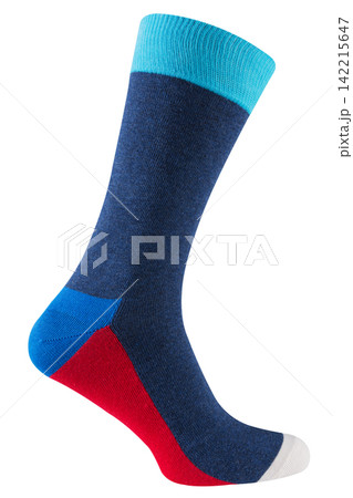 Color block mens sock on ghost mannequin isolated on white background. Blue and red cotton sock side view Color block mens sock on ghost mannequin isolated on white background. Blue and red cotton sock side view 142215647