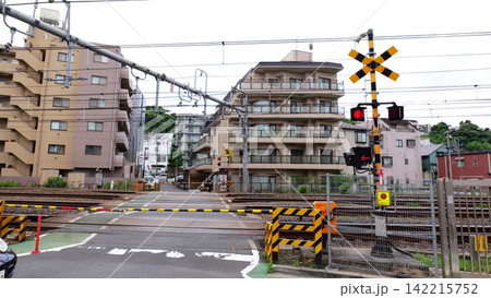 Japanese Railway Crossing with Tracks, Warning Signals and Urban Buildings 142215752