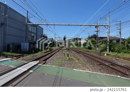 Japanese Railway Crossing with Tracks, Warning Signals and Urban Buildings 142215761