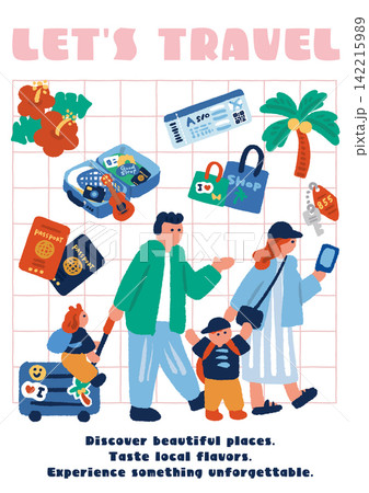 「LET'S TRAVEL」家族旅行をテーマにしたグリッド柄トラベルポスターイラスト 142215989