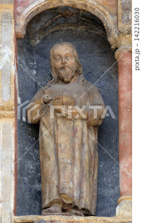 Statue of saint on the south portal of the church of St. Mark in Zagreb, Croatia Statue of saint on the south portal of the church of St. Mark in Zagreb, Croatia 142216030