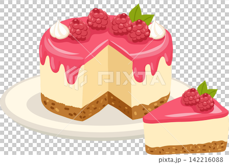 Creamy raspberry cheesecake with pink glaze, berry topping and biscuit crust, shown with a sliced Creamy raspberry cheesecake with pink glaze, berry topping and biscuit crust, shown with a sliced 142216088