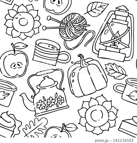 Cozy autumn pattern. Cute doodle illustration of Picnic in the forest. coloring book Cozy autumn pattern. Cute doodle illustration of Picnic in the forest. coloring book 142216503