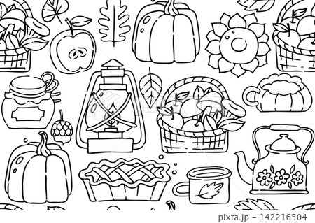 Cozy autumn pattern. Cute doodle print in a cartoon style. coloring book Cozy autumn pattern. Cute doodle print in a cartoon style. coloring book 142216504