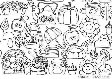 Cozy autumn seamless pattern. Cute doodle print cartoon style. coloring book 142216506