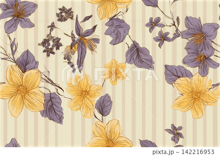 Seamless pattern with yellow and purple flowers, hand-drawn style on a beige striped background. Concept of elegance, nature, and botanical design. Vector illustration Seamless pattern with yellow and purple flowers, hand-drawn style on a beige striped background. Concept of elegance, nature, and botanical design. Vector illustration 142216953