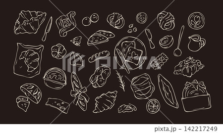 Hand drawn bakery and breakfast doodle set on dark background vector chalk illustration 142217249