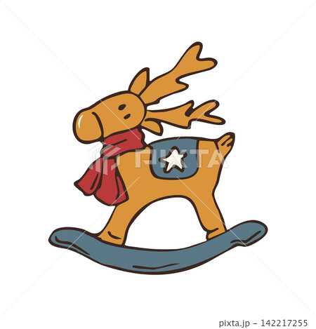 Hand drawn vintage Christmas rocking deer wooden toy vector doodle illustration 142217255