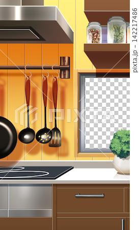 Kitchen with a vertical screen Kitchen with a vertical screen 142217486