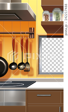 Kitchen with a vertical screen Kitchen with a vertical screen 142217488