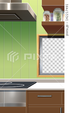 Kitchen with a vertical screen Kitchen with a vertical screen 142217491