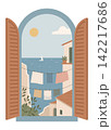 Mediterranean Coastal View Through Open Window with Laundry Drying 142217686