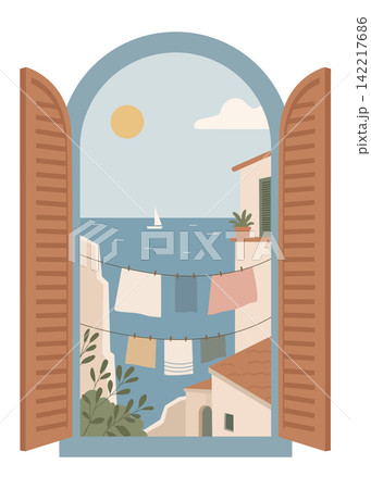 Mediterranean Coastal View Through Open Window with Laundry Drying 142217686