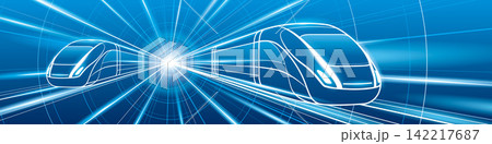 Two futuristic high speed trains moving through a glowing technology tunnel with dynamic perspective and bright converging lines. Wide panoramic illustration representing fast transportation, railway  142217687