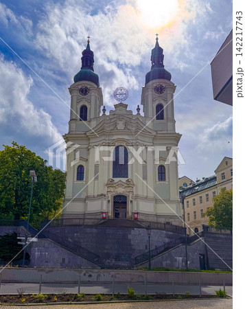 Building in Karlovy Vary Czechia shows architecture and cloudy sky Building in Karlovy Vary Czechia shows architecture and cloudy sky 142217743
