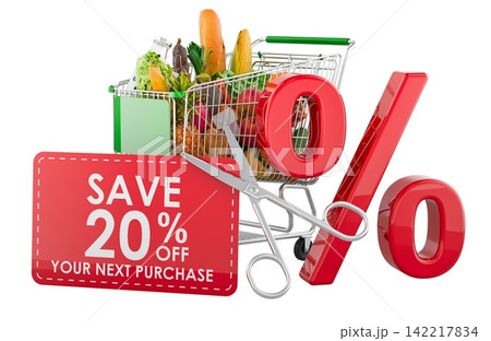Grocery shopping cart with discount coupon, supermarket savings and sale concept. 3D rendering Grocery shopping cart with discount coupon, supermarket savings and sale concept. 3D rendering 142217834