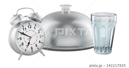 Intermittent fasting concept with alarm clock, covered meal and glass of water. 3D rendering Intermittent fasting concept with alarm clock, covered meal and glass of water. 3D rendering 142217835