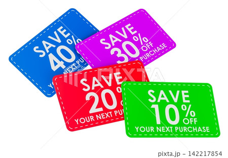 Discount coupons with 10 to 40 percent savings, retail promotion concept. 3D rendering Discount coupons with 10 to 40 percent savings, retail promotion concept. 3D rendering 142217854