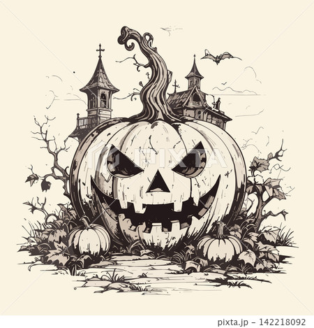 Jack-o'-lantern creating spooky halloween scene Jack-o'-lantern creating spooky halloween scene 142218092