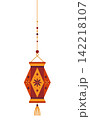Vector hanging Indian decorations with kandil lanterns, oil diya lamps, and bead garlands for Happy Diwali festival. Isolated borders and elements on white background for banner or card design. 142218107