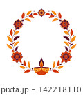 Vector round floral wreath frame with burning oil diya lamp, mandala flowers and leaves for Happy Diwali festival. Traditional Indian decoration element isolated on white for card or banner design. 142218110
