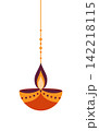 Vector hanging burning oil diya lamp with flame for Happy Diwali festival. Traditional Indian decoration element isolated on white background for banner, card or border design. 142218115