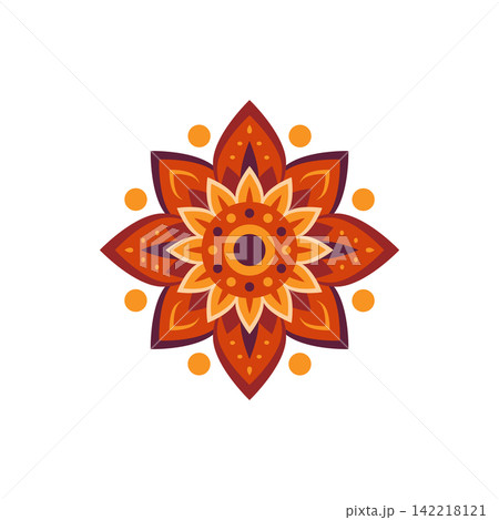 Vector floral mandala ornament with geometric petals for Happy Diwali and Indian festival decoration. Isolated element on white background for card, banner or rangoli design. Vector floral mandala ornament with geometric petals for Happy Diwali and Indian festival decoration. Isolated element on white background for card, banner or rangoli design. 142218121