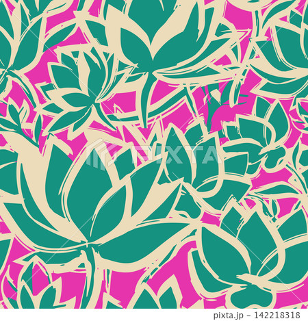 Vibrant abstract floral seamless pattern with painterly brush stroke lotus flowers. Ideal for fashion, textile, fabric, and wallpaper design. Vibrant abstract floral seamless pattern with painterly brush stroke lotus flowers. Ideal for fashion, textile, fabric, and wallpaper design. 142218318