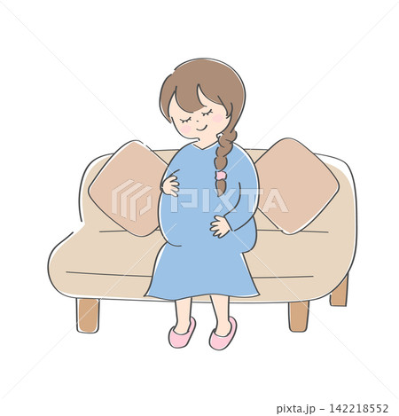 座ってお腹をさする妊婦の女性のかわいい手書きイラスト 座ってお腹をさする妊婦の女性のかわいい手書きイラスト 142218552
