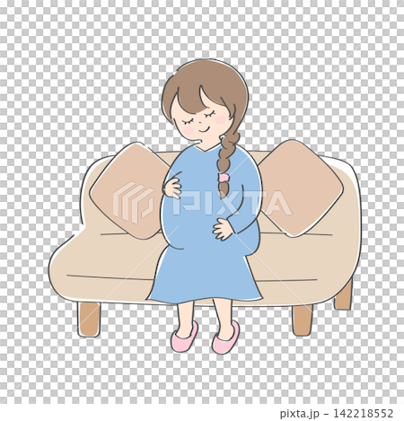 座ってお腹をさする妊婦の女性のかわいい手書きイラスト 座ってお腹をさする妊婦の女性のかわいい手書きイラスト 142218552