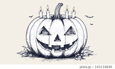 Halloween carved pumpkin with glowing candles and bats Halloween carved pumpkin with glowing candles and bats 142218640