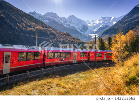 Red Bernina Express train passing through colorful autumn forest Red Bernina Express train passing through colorful autumn forest 142218662
