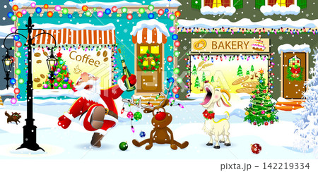 A cheerful Santa, goat, and reindeer on Christmas Eve 142219334