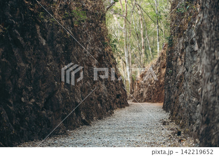 Hellfire Pass Thailand historic railway canyon trail in jungle landscape, Historic path with railway heritage and jungle trail in Thailand Hellfire Pass Thailand historic railway canyon trail in jungle landscape, Historic path with railway heritage and jungle trail in Thailand 142219652