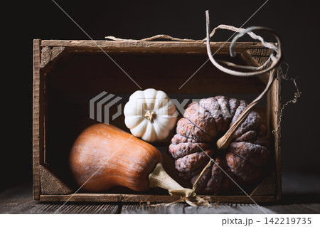 Autumn composition with three different pumpkins on wooden table Autumn composition with three different pumpkins on wooden table 142219735