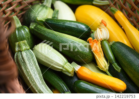 Fresh zucchini assortment in basket with blossom Fresh zucchini assortment in basket with blossom 142219753