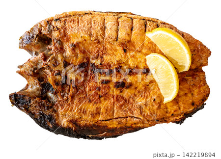 grilled river trout fish with lemon cut-out 142219894